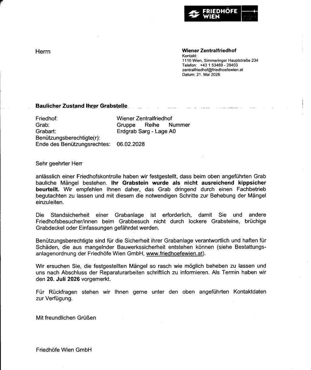 Beispiel eines Schreibens der Friedhöfe Wien mit dem Betreff Baulicher Zustand Ihrer Grabstelle, in dem ein Grabstein als nicht ausreichend kippsicher beurteilt wird