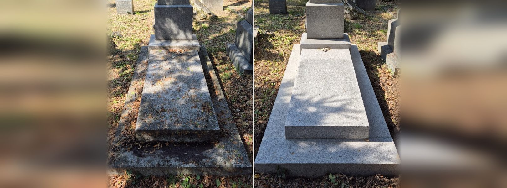 Grabanlage am Wiener Zentralfriedhof vor (links) und nach (rechts) der Grabsteinreinigung durch Steinmetz Stockerer, 2025