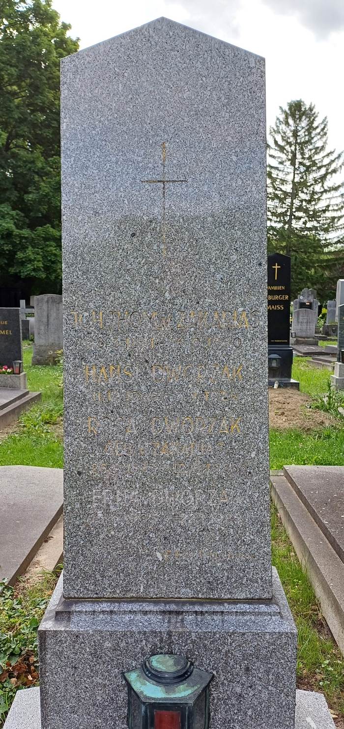 Grabstein am Zentralfriedhof vor der Reinigung mit verwitterter, goldener Inschrift